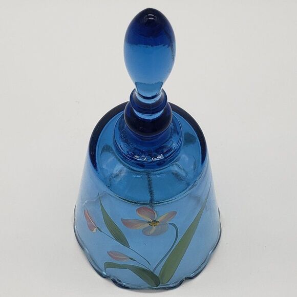 Fenton Signed Hand Painted Blue Floral Art Glass Bell - Picture 11 of 12